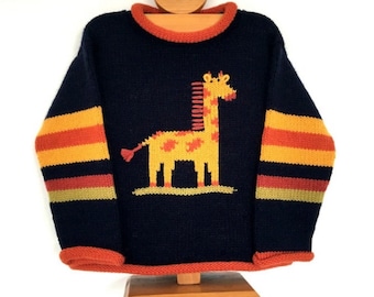 Giraffe knitted jumper,Alpaca wool jumper, Beautiful knitted giraffe kids jumper, Unisex jumper, blue giraffe knit pullover, Toddler sweater