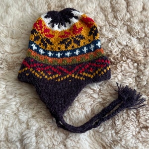 May include: A brown knitted hat with a colorful geometric pattern. The hat has a long tassel and a brim.