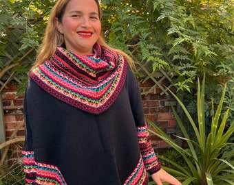 Alpaca wool mix poncho with sleeves, Ladies poncho, winter poncho, colourful poncho, Christmas gift