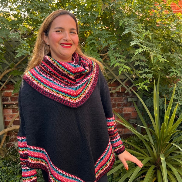 Alpaca wool mix poncho with sleeves, Ladies poncho, winter poncho, colourful poncho, Christmas gift