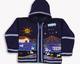 Boy/ Baby/ Children/Kids Navy blue fleece lined knitted Cardigan/Sweater/Jacket/Coat (Fleece lined) with hand embroidered applications