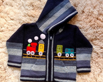 Alpaca/Wool Train Boys Navy blue knitted Cardigan, Knitted Train hoodie, Train Jacket, Train boys sweater, Blue train winter jumper