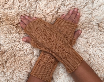 Knitted fingerless gloves,  Caramel brown alpaca gloves, wrist warmers, dog walking gloves, driving and writing mittens, Christmas gift