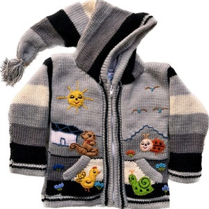 Boy/ Baby/ Children/Kids Grey fleece lined knitted Cardigan/Sweater/Jacket/Coat (Fleece lined) with hand embroidered applications