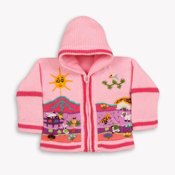 Girl/ Baby/ Children/Kids Pink fleece lined knitted Cardigan/Sweater/Jacket/Coat (Fleece lined) with hand embroidered applications