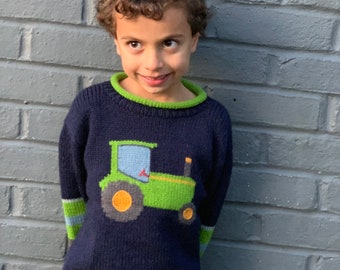 Tractor design knitted jumper, Tractor blue Children Jumper, Alpaca wool jumper, Boy kids jumper, kids Xmas gift, tractor knitted sweater