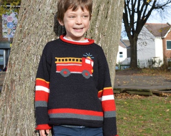 Blue fire engine knitted jumper,Alpaca wool jumper, Boy fire engine kids jumper, Unisex jumper, Fire engine knit pullover, Toddler sweater