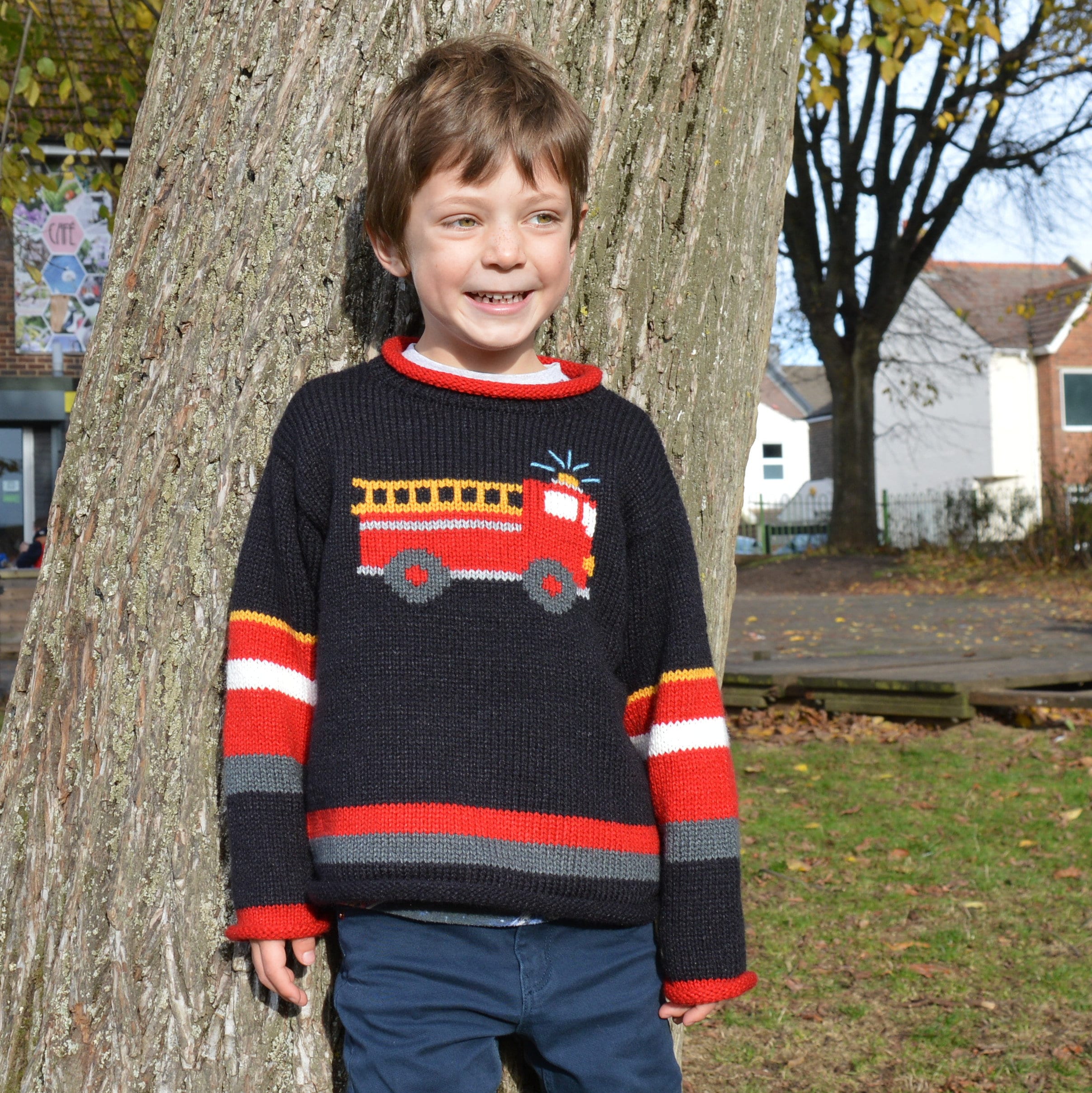 Blue fire engine knitted jumper,Alpaca wool jumper, Boy fire engine kids jumper, Unisex jumper, Fire engine knit pullover, kids Xmas sweater