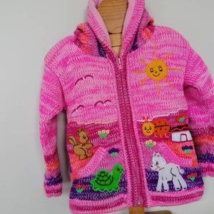Boy/ Baby/ Children/Kids pink fleece lined /hooded knitted Cardigan/Sweater/Jacket/Coat (Fleece lined) with hand embroidered applications