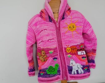 Boy/ Baby/ Children/Kids pink fleece lined /hooded knitted Cardigan/Sweater/Jacket/Coat (Fleece lined) with hand embroidered applications