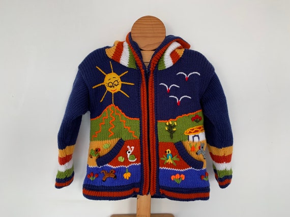 Boy Baby ChildrenKids blue fleece lined knitted CardiganSweaterJacketCoat Fleece lined with hand embroidered applications