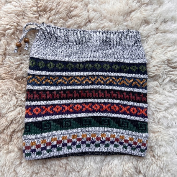 Reversible light grey Alpaca wool ski snood, alpaca neck warmer, alpaca slouch hat, drawstring head covering, gift for him or her