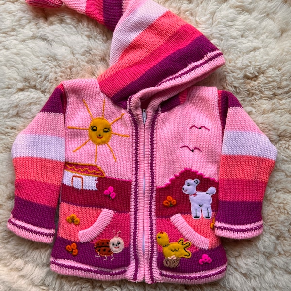 Girl/ Baby/ Children/Kids Pink fleece lined knitted Cardigan/Sweater/Jacket/Coat (Fleece lined) with hand embroidered applications