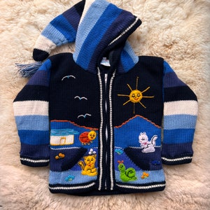 May include: A blue and white striped hooded sweater with a zip fastening. The sweater features embroidered details of a sun, a house, a ladybug, a cat, and a snail.