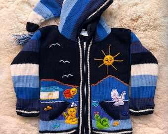 Boy/ Baby/Children/Kids Navy blue fleece lined/hood-knitted Cardigan/Sweater/Jacket/Coat (Fleece lined) with hand embroidered applications