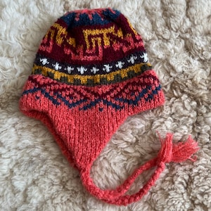 Alpaca wool hat, salmon Alpaca chullo winter hat, Peruvian style Alpaca hat,  warm knitted hat, warm winter wool hat, cozy ear flaps