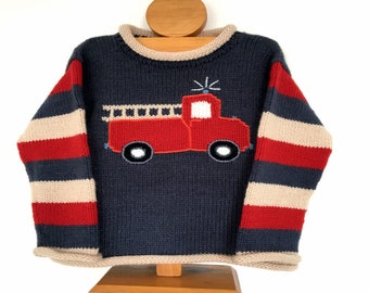 Blue fire engine knitted jumper,Alpaca wool jumper, Boy fire engine kids jumper, Unisex jumper, Fire engine knit pullover, Toddler sweater