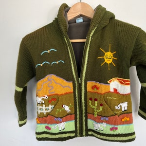 Green toddler knitted Cardigan/Sweater/Jacket/Coat (Fleece lined) with hand embroidered applications