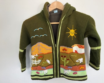 Green toddler knitted Cardigan/Sweater/Jacket/Coat (Fleece lined) with hand embroidered applications