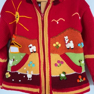 Boy/ Baby/ Children/Kids red fleece lined /hooded knitted Cardigan/Sweater/Jacket/Coat (Fleece lined) with hand embroidered applications