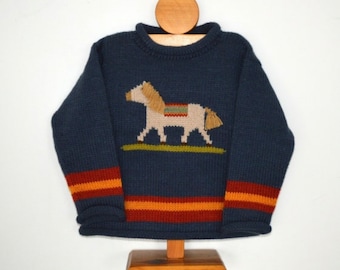 Horse knitted jumper, Horse Children Jumper, Alpaca wool jumper, Boy kids jumper, Unisex jumper, Grey knit pullover, Toddler sweater