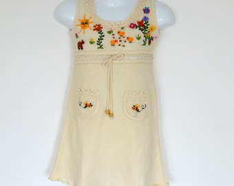Hand Embroidered Girls Cotton Summer Dress: Pastoral Design