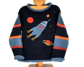 Pull tricoté Rocket, Rocket Children Jumper, pull en laine d'alpaga, pull enfant garçon, pull Moon, pull garçon bleu, pull enfant en bas âge