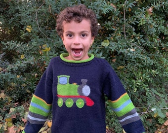 Train knitted jumper, Train Children Jumper, Alpaca wool jumper, Boy kids jumper, Unisex train pullover, Blue boy jumper, Toddler