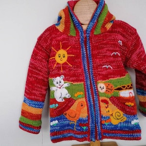 Boy/ Baby/ Children/Kids red fleece lined /hooded knitted Cardigan/Sweater/Jacket/Coat (Fleece lined) with hand embroidered applications