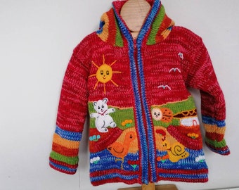 Boy/ Baby/ Children/Kids red fleece lined knitted Cardigan/Sweater/Jacket/Coat (Fleece lined) with hand embroidered applications