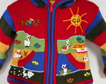 Jungen/ Baby/ Kinder/ Kinder rot Fleece gefüttert/Kapuzen Strick Cardigan/Pullover/Jacke/Mantel (Fleece gefüttert) mit handgestickten Applikationen