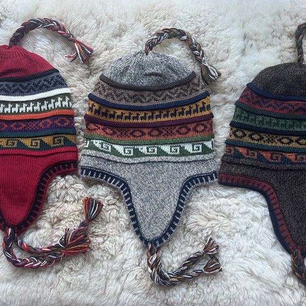 Bonnet en laine d'alpaga, bonnet d'hiver chullo réversible en alpaga, cache-oreilles, pur alpaga, bonnet chaud en tricot, bonnet d'hiver chaud en laine, bonnet de style péruvien,