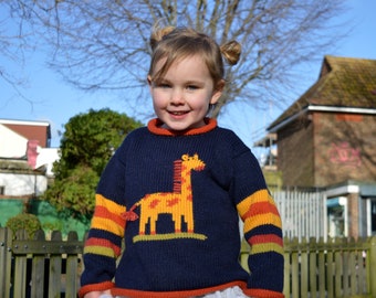 Giraffe knitted jumper, Giraffe Children Jumper, Alpaca wool jumper, Unisex kids jumper, Girl animal pullover, Blue boy jumper, Toddler
