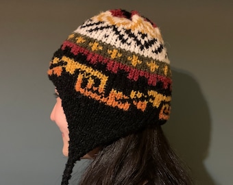 Gorro de lana de Alpaca negro, gorro de invierno chullo de Alpaca, gorro peruano de Alpaca, gorro de punto cálido, gorro de lana de invierno cálido, regalo de Navidad
