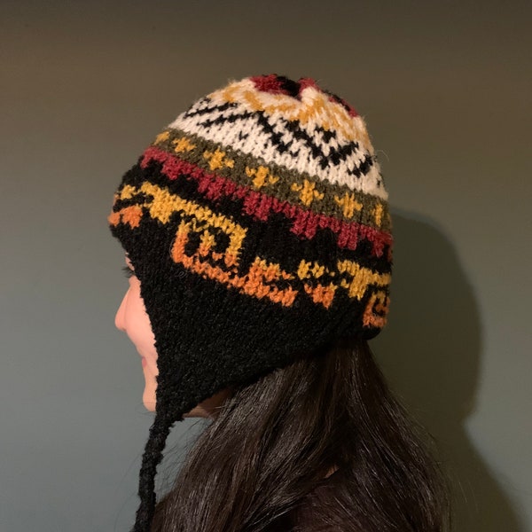 Black Alpaca wool hat, Alpaca chullo winter hat, Alpaca Peruvian hat, warm knitted hat, warm winter wool hat, Christmas gift