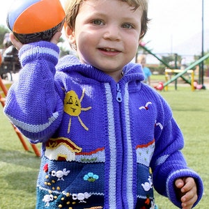 May include: A young child wearing a purple knitted sweater with a colourful embroidered design. The sweater has a zipper and white stripes down the front. The child is holding a blue and orange ball.