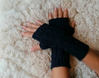 Knitted fingerless gloves, black or grey alpaca gloves, wrist warmers, dog walking mittens, driving gloves, writing gloves, Christmas gift