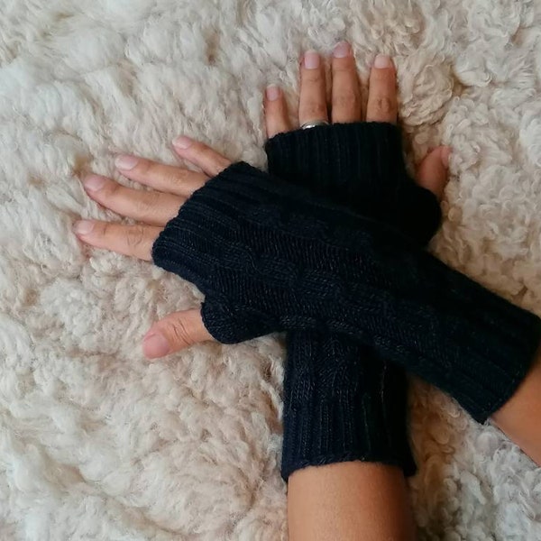Knitted fingerless gloves, black or grey alpaca gloves, wrist warmers, dog walking mittens, driving gloves, writing gloves, Christmas gift