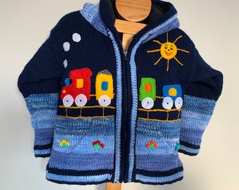 Train Boys Navy blue knitted Cardigan, Knitted Train hoodie, Train Jacket, Train boys sweater, Blue train winter jumper