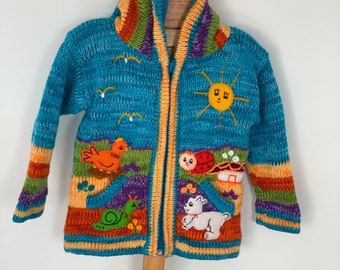 Boy/ Baby/ Children/Kids turquoise fleece lined/hoodedknitted Cardigan/Sweater/Jacket/Coat (Fleece lined) with hand embroidered applications
