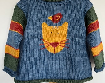 Cat knitted jumper, Cat green Children Jumper, Alpaca wool jumper, Boy girl kids jumper, toddler  knitted sweaters