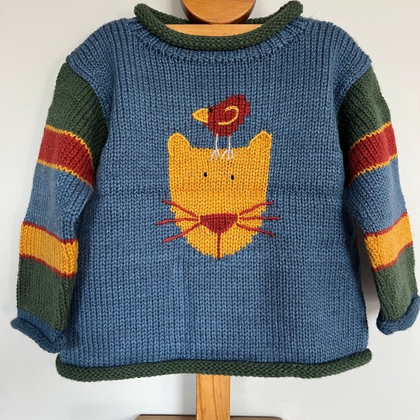 Cat knitted jumper, Cat green Children Jumper, Alpaca wool jumper, Boy girl kids jumper, toddler  knitted sweaters