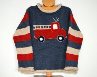 Blue fire engine knitted jumper,Alpaca wool jumper, Boy fire engine kids jumper, Unisex jumper, Fire engine knit pullover, Toddler sweater