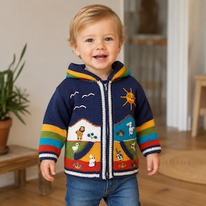 Boy/ Baby/ Children/Kids Navy blue fleece lined knitted Cardigan/Sweater/Jacket/Coat (Fleece lined) with hand embroidered applications