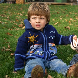 May include: A navy blue knit hooded zip-up sweater featuring a yellow embroidered sun, light blue sky, and landscape motifs including white birds, green hills, and small flowers. The sweater has a full-length front zipper and ribbed cuffs.