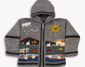 Boy/ Baby/ Children/Kids Grey fleece lined knitted Cardigan/Sweater/Jacket/Coat (Fleece lined) with hand embroidered applications