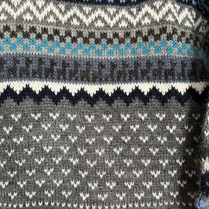 K&ouml;nnte beinhalten: Nahaufnahme eines gestrickten Stoffes mit einem geometrischen Muster in Blau, Wei&szlig; und Grau. Der Stoff hat eine strukturierte, flauschige Oberfl&auml;che.