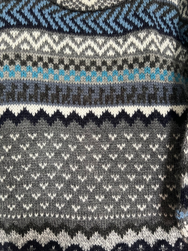 K&ouml;nnte beinhalten: Nahaufnahme eines gestrickten Stoffes mit einem geometrischen Muster in Blau, Wei&szlig; und Grau. Der Stoff hat eine strukturierte, flauschige Oberfl&auml;che.