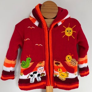 Boy/ Baby/ Children/Kids red fleece lined knitted Cardigan/Sweater/Jacket/Coat (Fleece lined) with hand embroidered applications