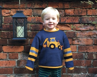 Digger knitted jumper, Digger Children Jumper, Alpaca wool jumper, Boy kids jumper, Unisex jumper, Grey knit pullover, Xmas digger sweater